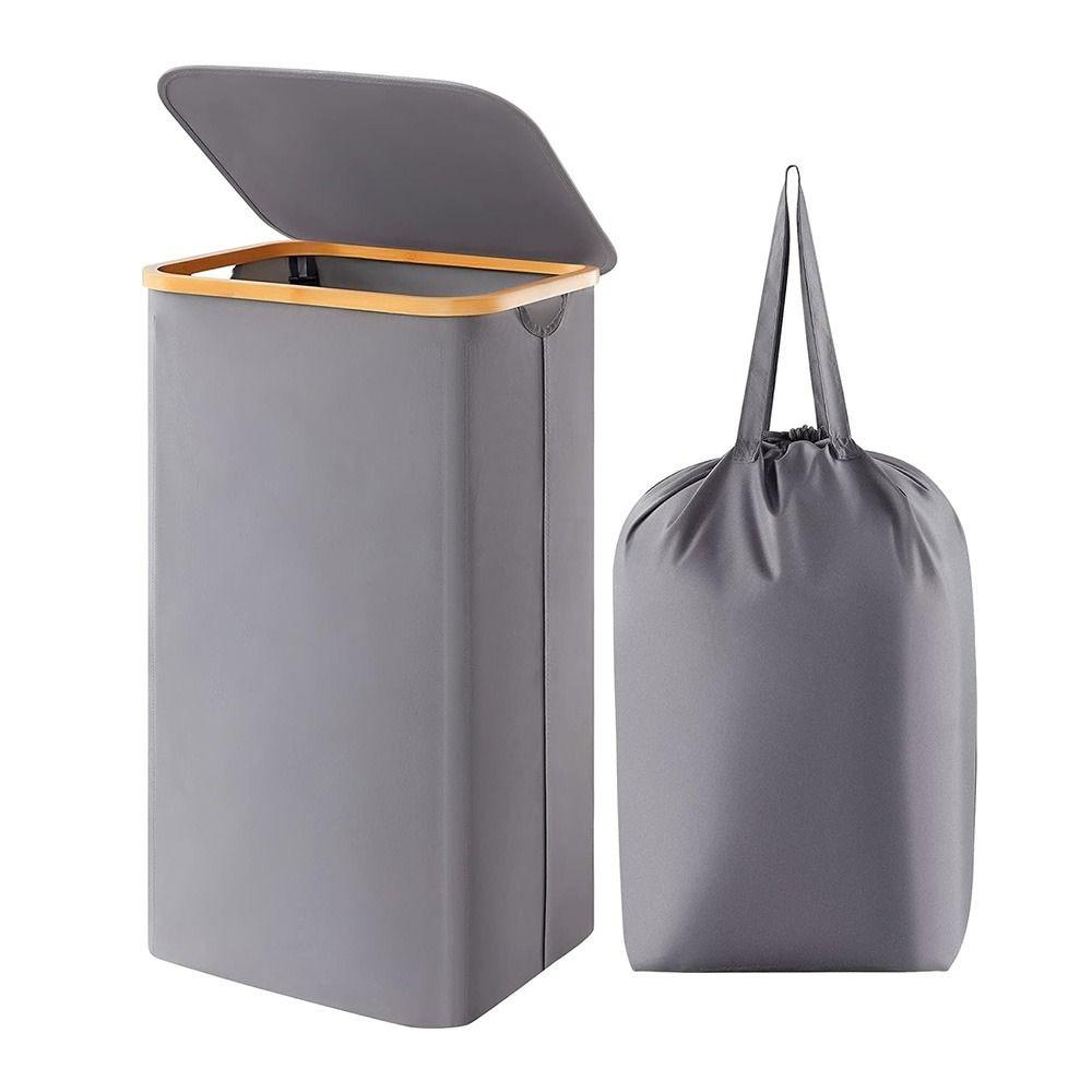 Collapsible Slim Laundry Hamper with Lid Bamboo Handles Removable Inner Bag Clothes Basket Bin Lightweight Foldable