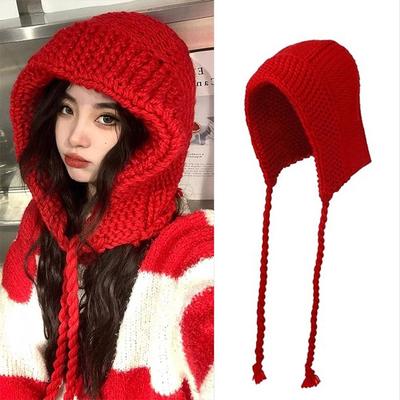 Korean Y2k Knitted Hat Hand-crocheted Tie Pullover Beanie Hat Fashion Ear Protection Hat  Women