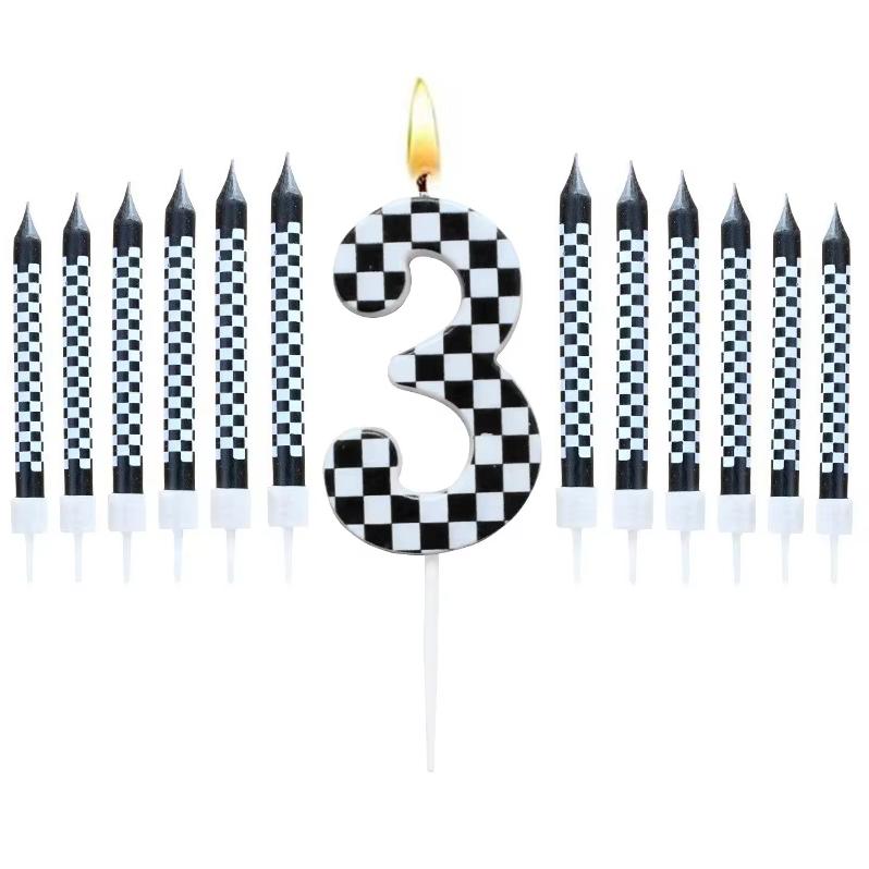 1/6/12/13 Pcs Racing Cars Themed Birthday Candles Black and White Race Number Checkered Candle Cake Topper for Racing Car Party