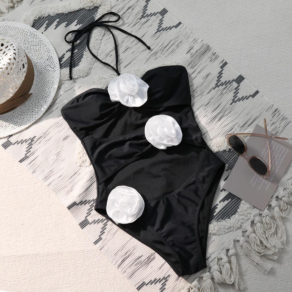 2024 Neue 3D-Blumenröhren-Bademode für Damen mit Neckholder, schulterfrei, einteiliger Badeanzug für Damen, Badeanzug, Blau, Schwarz, Weiß, Monokini