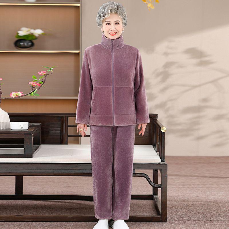 

Комплект пижамы из утолщенного флиса с плюшем можно носить на улице бабушка зима фланелевый топ брюки женский из двух частей XXL фиолетовый