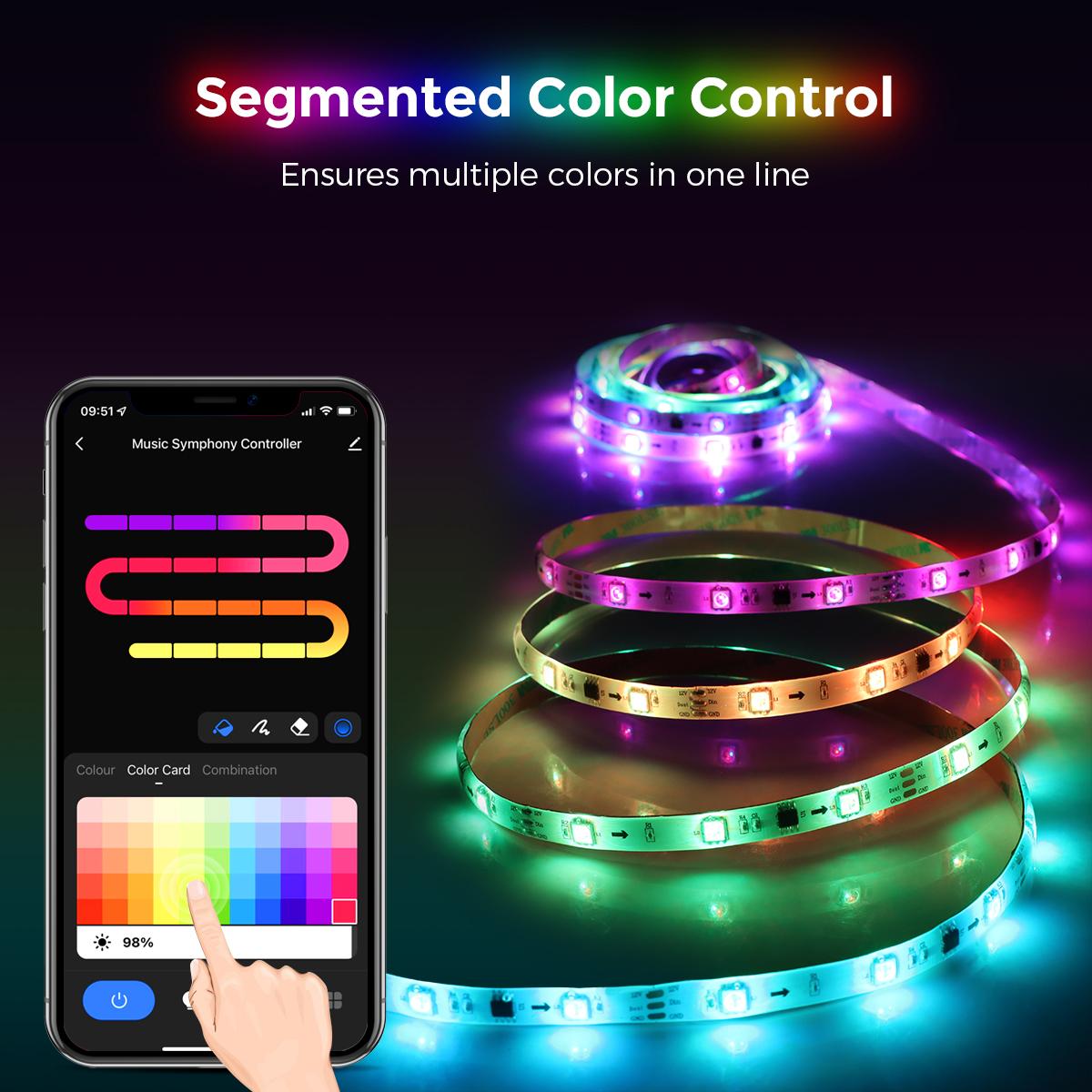 

Светодиодная лента WiFi RGB 12 В 30 светодиодов/м WS2811 Светодиодная лента RGBIC с регулируемой яркостью Работает с приложением Alexa Tuya Пульт дистанционного управления для освещения вечеринок 1M