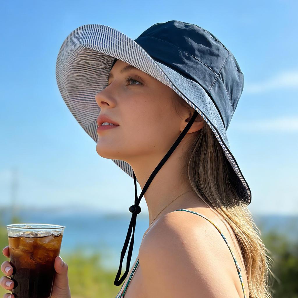Sommer Damen Sonnenhut Fischerhut mit gestreiftem Futter, geeignet für Reisen im Freien, Sonnenschutzhut mit breiter Krempe