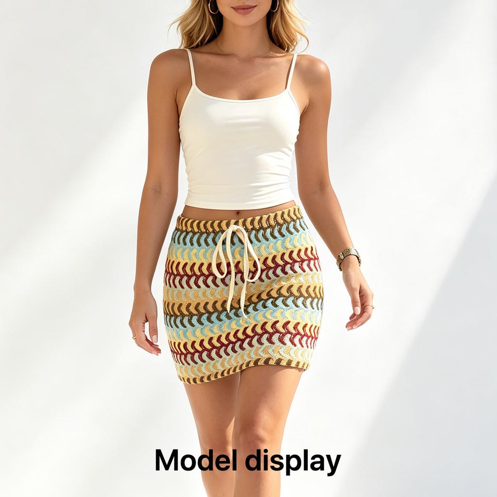 Women Crochet Striped Mini Skirt, Colorful Boho Knit Bodycon Skirt with Drawstring High Waist Summer Beach Short Pencil Skirt