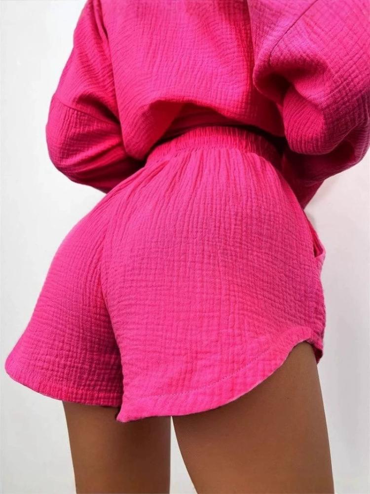 Fashion Loose Yellow Stripe Women's Two Pieces Set Elegant Long Sleeve Shirt With High Waist Shorts Set Female