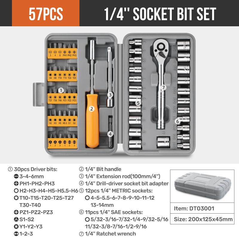 Apollo 57Pcs 1/4 Socket Ratchet Wrench Set Complete Car Repair Tools Set for Car Bike Motorcycle Maintenance Mechanic Tools 57Pcs