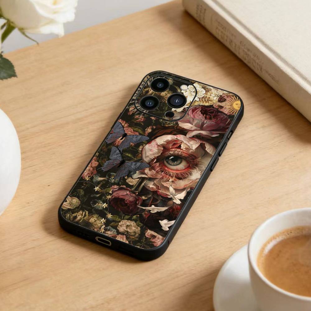 Dark Ornate Collage Art  Phone Case For iPhone 17 16 15 14 13 12 Max Plus Silicone Black Cover