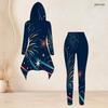Women Plus Size Navy Blue Firework Star Printed Hooded Long Sleeve High Low Top Fitted Pants Two Piece Set