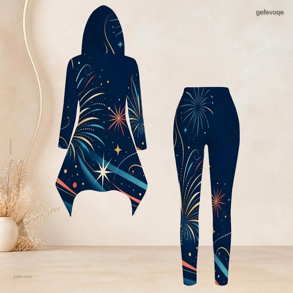 Women Plus Size Navy Blue Firework Star Printed Hooded Long Sleeve High Low Top Fitted Pants Two Piece Set