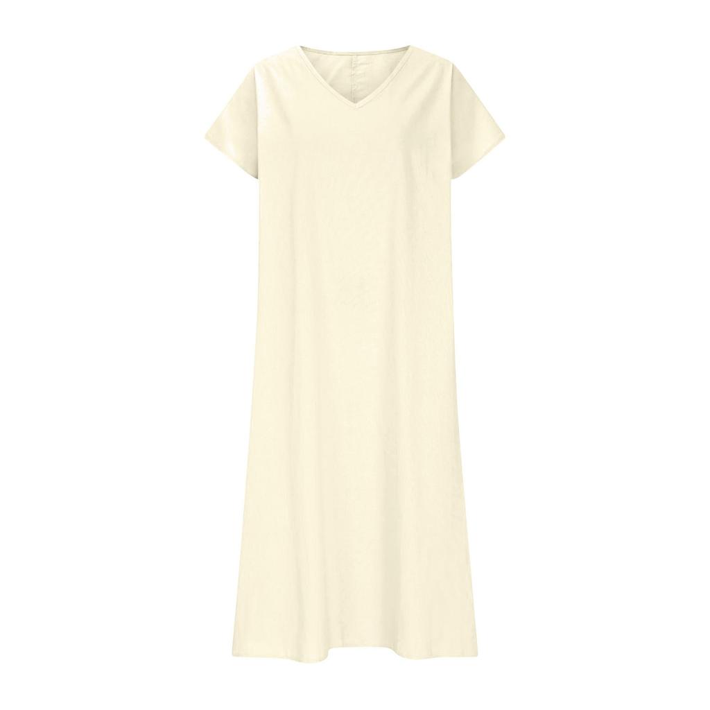 Fashion Women's Solid Color V-neck Long Dress Loose