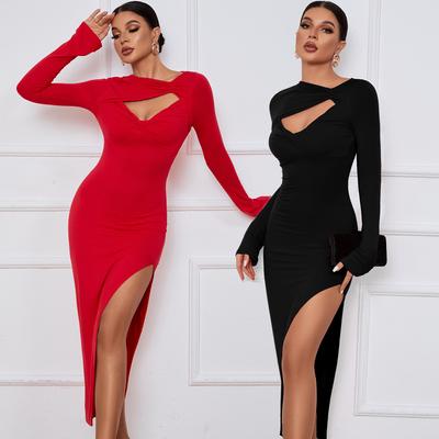 2025 Women's Long Dress Slim Package Hip Tight Dress Sexy Open Fork Long Sleeve Dresses Elegant Dresses For Women