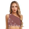 Women's Lyrical Dance Crop Top S-XXL: One Shoulder Ruched Mesh Overlay Rhinestone Design for Modern Dance Performance