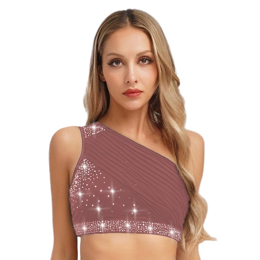 Women's Lyrical Dance Crop Top S-XXL: One Shoulder Ruched Mesh Overlay Rhinestone Design for Modern Dance Performance