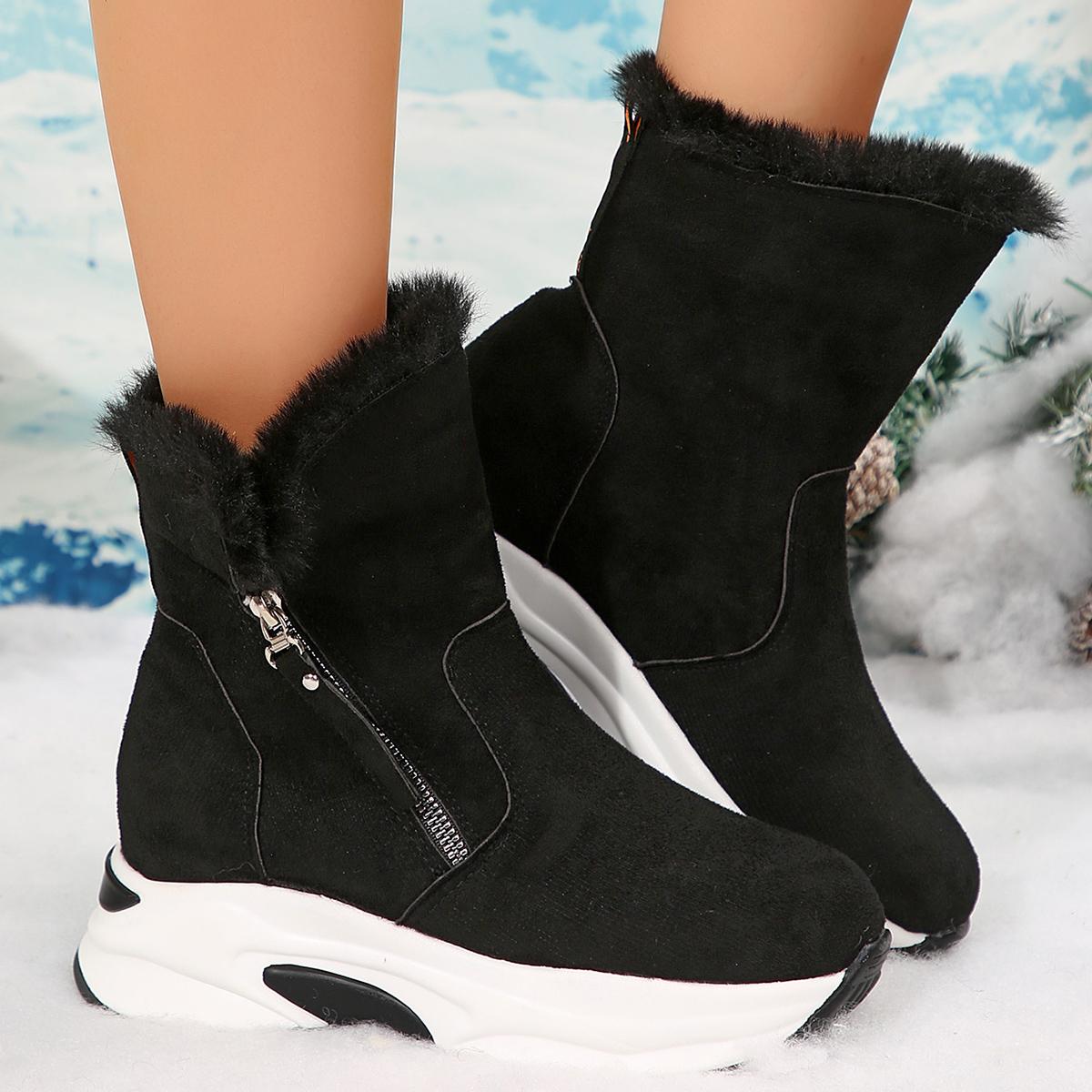 

Повседневные зимние ботинки на толстой подошве и сплошном меху для женщин 2025, зимние ботильоны на массивной платформе и танкетке, на молнии сбоку, обувь из искусственного меха для леди 35 чёрный