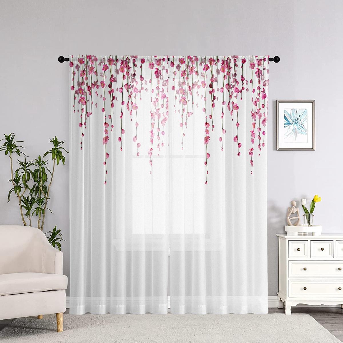

2 шт. HD Digital Princess Style Pink Cherry Blossom Print Wartains Home Decorating Style Decorating Living Room Bedroom Roddi W52H63inchW132H160cm