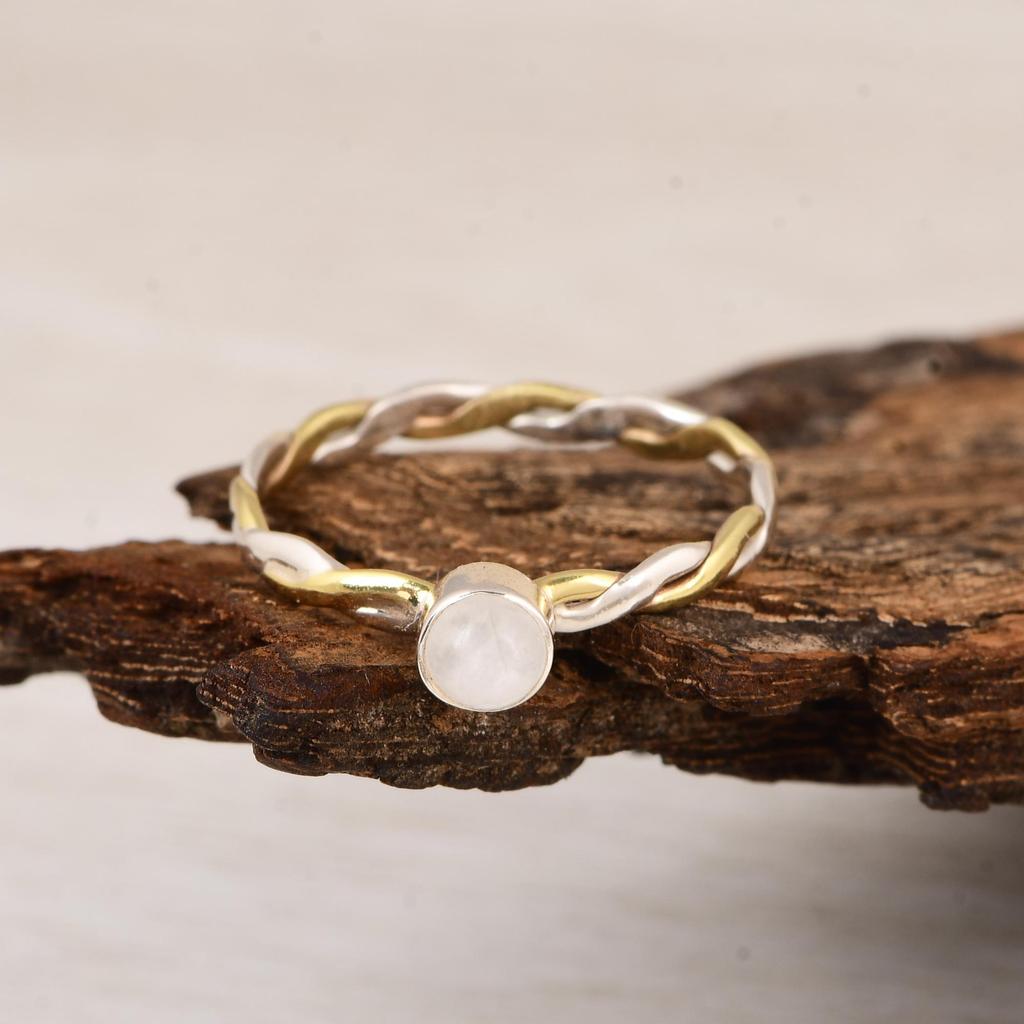 Moonstone Twisted Band 925 Sterling Silver Two Tone Ring, Minimalist Moonstone Ring, Handmade Stacking Ring, Gift for Her