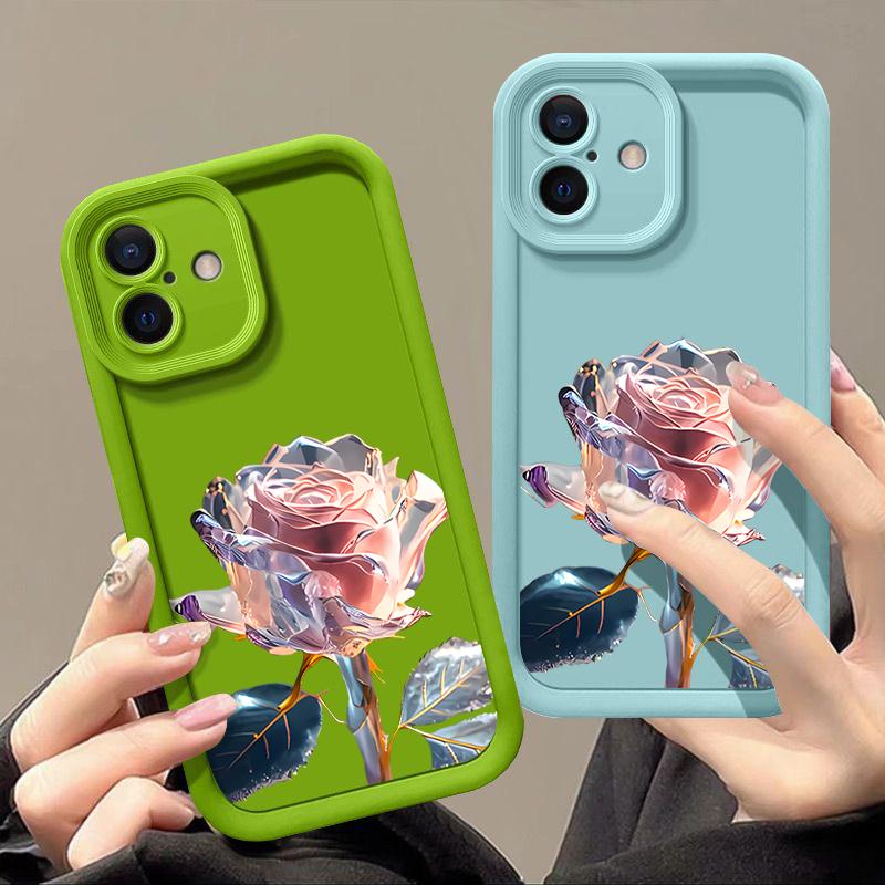 Pink Crystal Rose Pattern Shockproof Phone Case for iPhone 16 15 14 Plus 13 12 11 Pro Max Xs Xr 8 7 Matte Tpu Soft Lens Protection Anti-Fall Cover