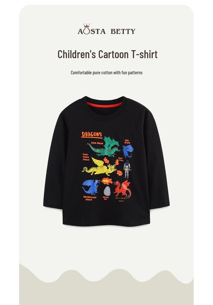 Boys' European Style Dinosaur Print Long Sleeve T-Shirt - Cotton Toddler Base Layer for Autumn