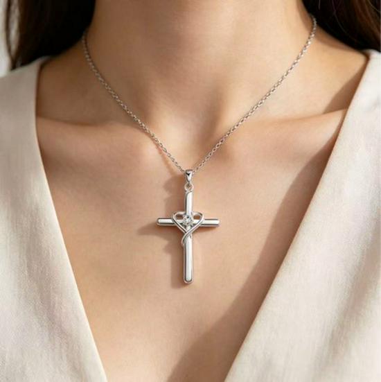 Elegant Cross Love Heart Necklace for Women - Stylish Luxury Pendant, Versatile European & American Heart Design.