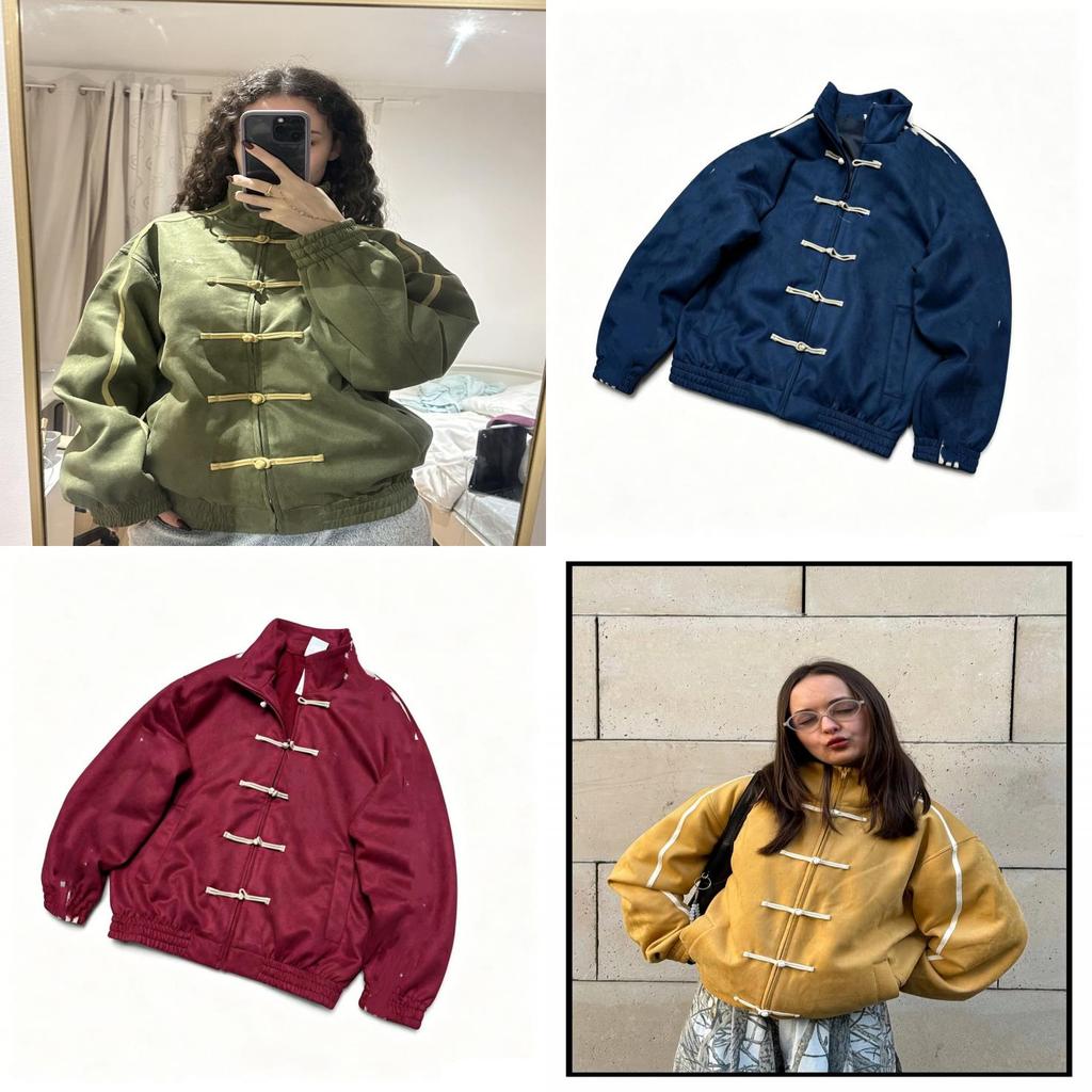 Giacca Retro con Collo a Bottoni e Cravatta in Stile Cinese per Uomo e Donna con Chiusura a Zip