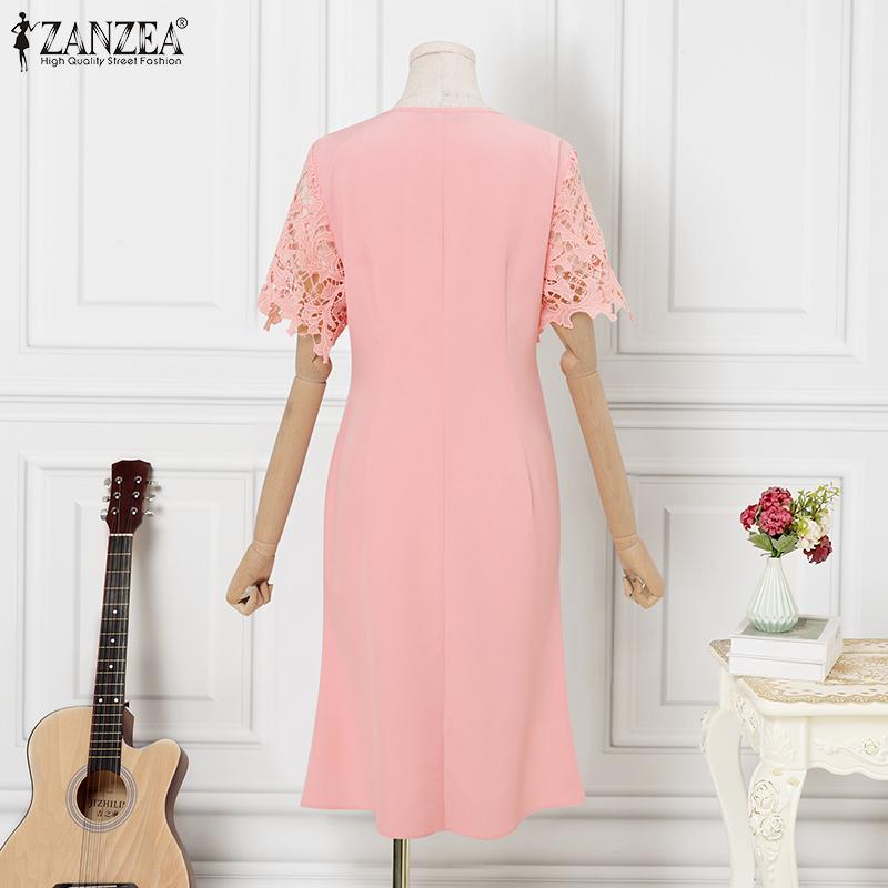 ZANZEA Women Casual Lace Crochet Patchwork Short Sleeve Sheath Dress