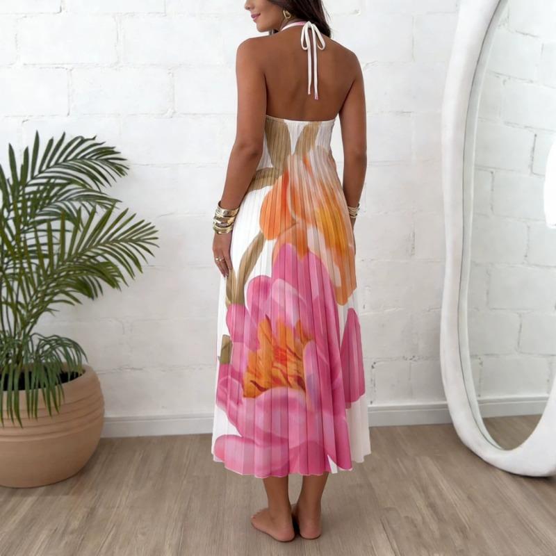 Womens Halter Neck Floral Printed Pleated Lace Up Vacation Long Dress