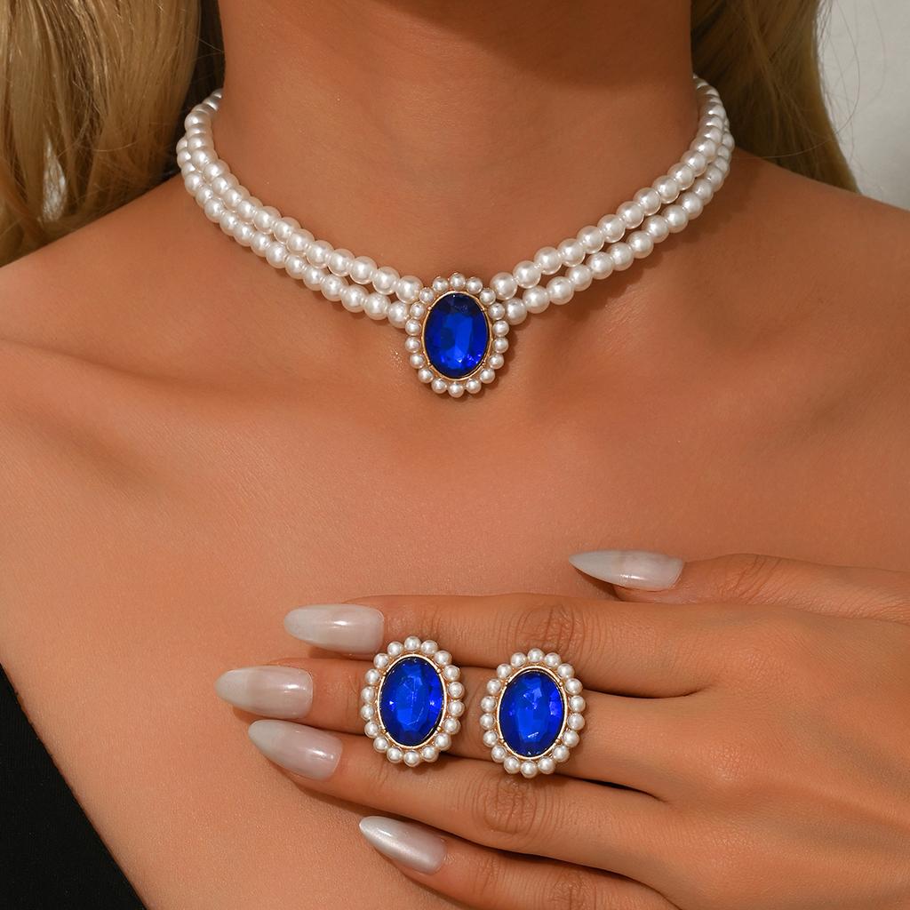 3PC Women's Fashion Imitation Pearl Geometric Set Necklace Earrings Zircon Set Lightly Designed Holiday Gift