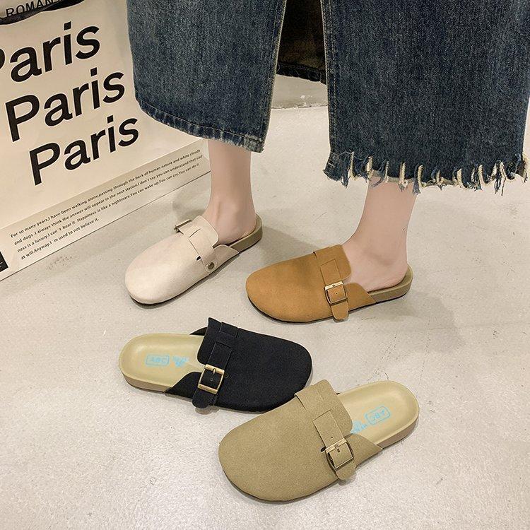 Taizhou large size one-pedal bag head half slippers 2025 new retro flat-bottomed slippers round head suede lazy slippers