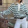 Green and White Striped Long Sleeve Polo Shirt with Button Placket