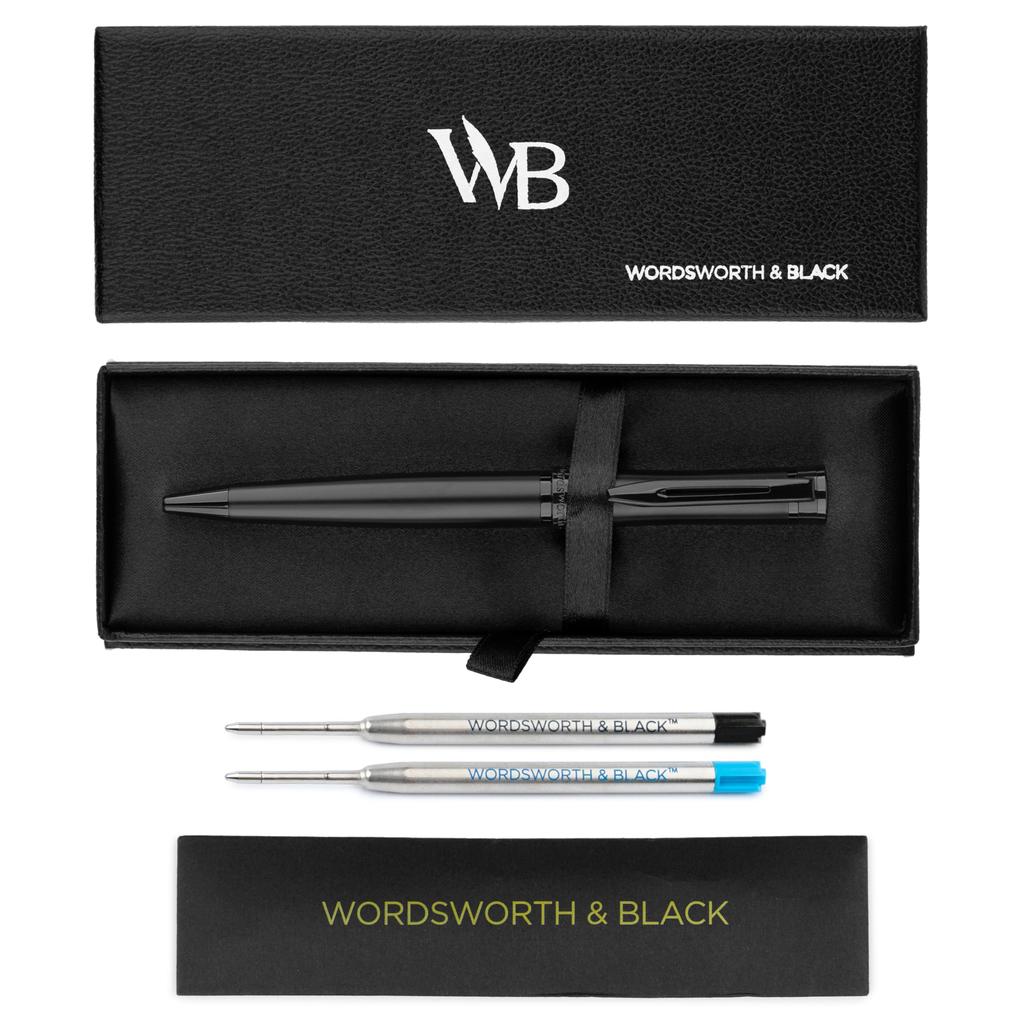 Wordsworth and Black Ballpoint All Black Lacquer Stunningly Luxurious Pen with Ink Gift for Men Beautiful Fine Nib Pen, - Refills, & Women,