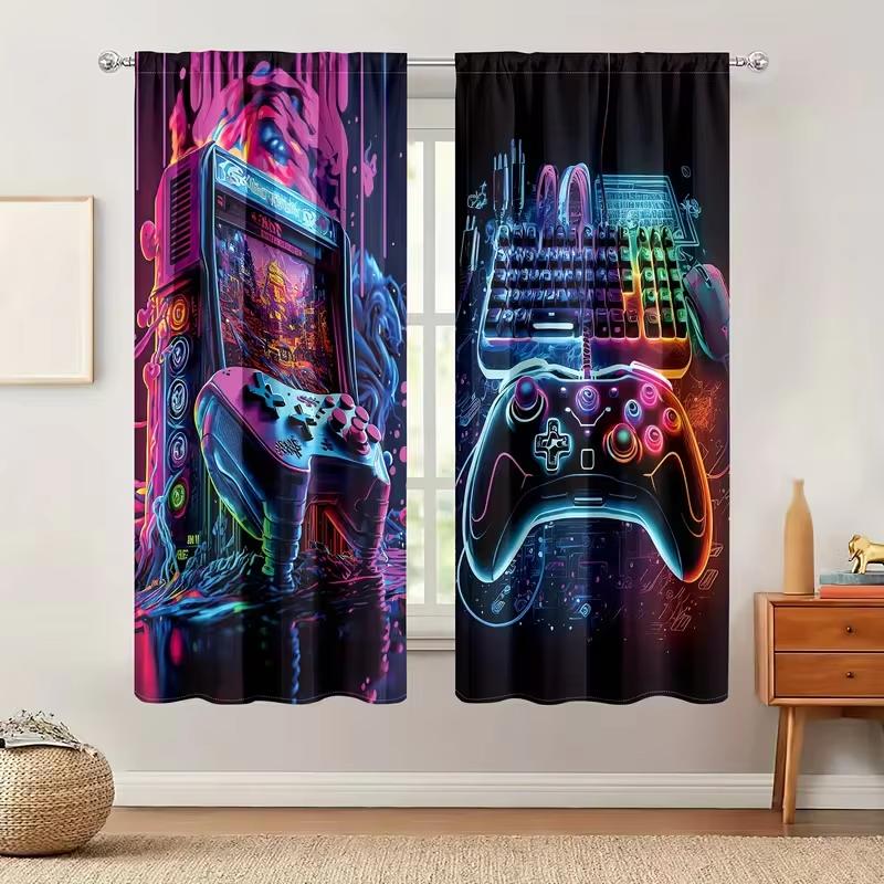 2PCS Multicolor Neon Gaming Arcade Machine Controller Keyboard Pattern Curtains Rod Pocket Design For Bedroom And Living Room