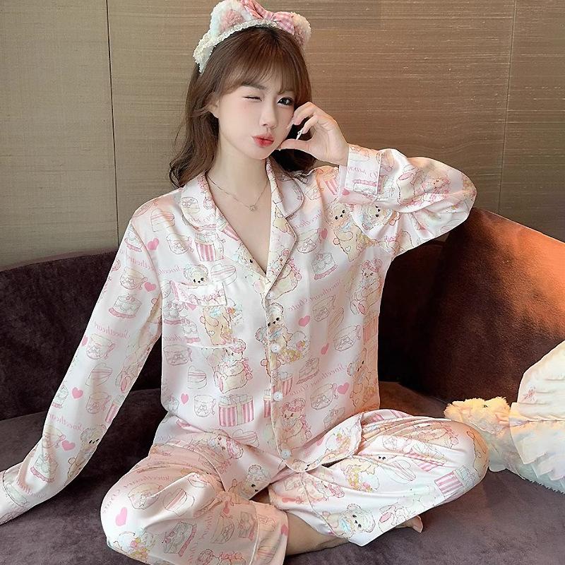 Girly Bear Cake Simulation Silk Pajamas Women'S Autumn Long-Sleeved Set Cute Cartoon Loungewear