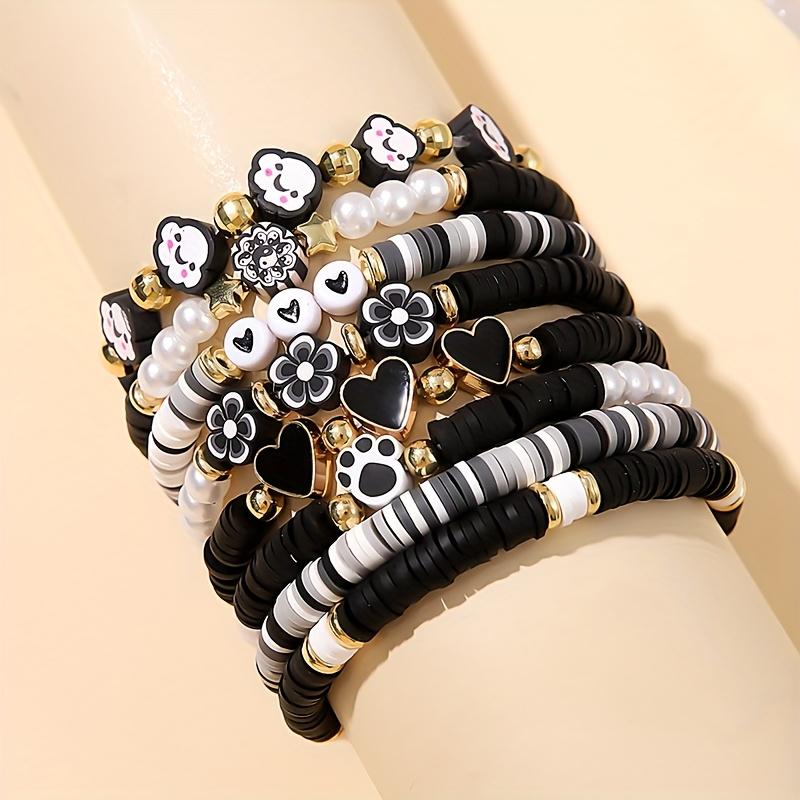8pcs Sweet Flower Heart Pink Polymer Clay Layered Bracelet Set, Valentine Music Festival Party Jewelry for Women