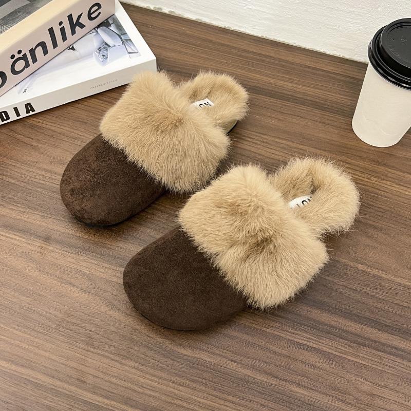 Women's Furry Mules Slippers Casual Outside Wear Flat Bottom Comfortable Baotou Half Slipper Plush Warm Winter New Cotton Slides