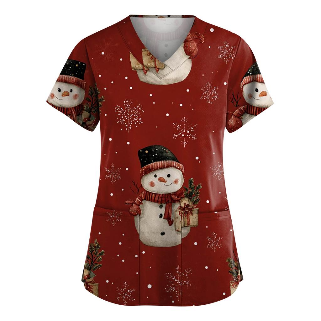 Dammode V-ringad Kortärmad Arbetskläder Med Fickor Jultryck Topp Vårdgivare Uniform