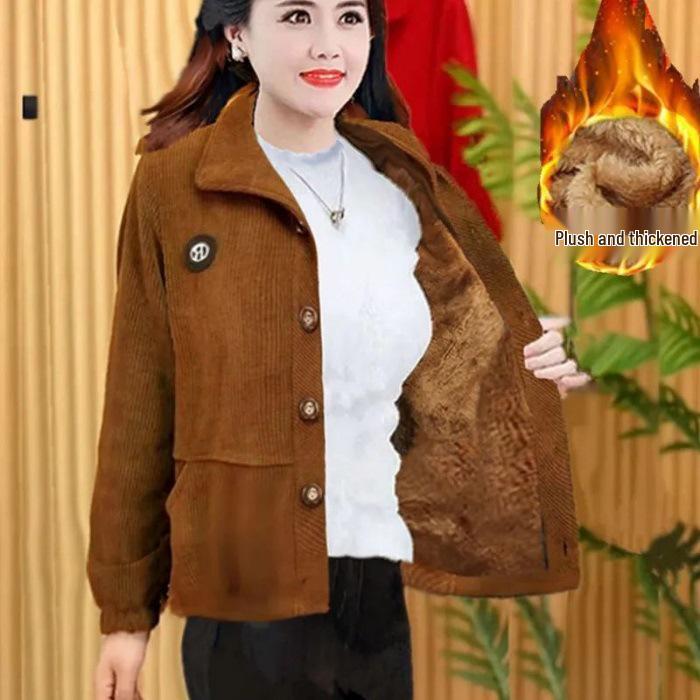 Herbst Cord Samt Quadratischer Ausschnitt Jacke für Influencer Mütter – Lockere Passform, Bauchbedeckendes Casual Oberteil für Mittelalte und Ältere