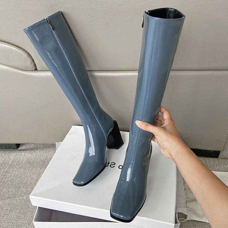 Fashion Comemore Women Mid Calf Boots Fashion Candy Color Zipper Goth Ladies Shoes Patent Leather Long Boot Luxury Designer High Heels