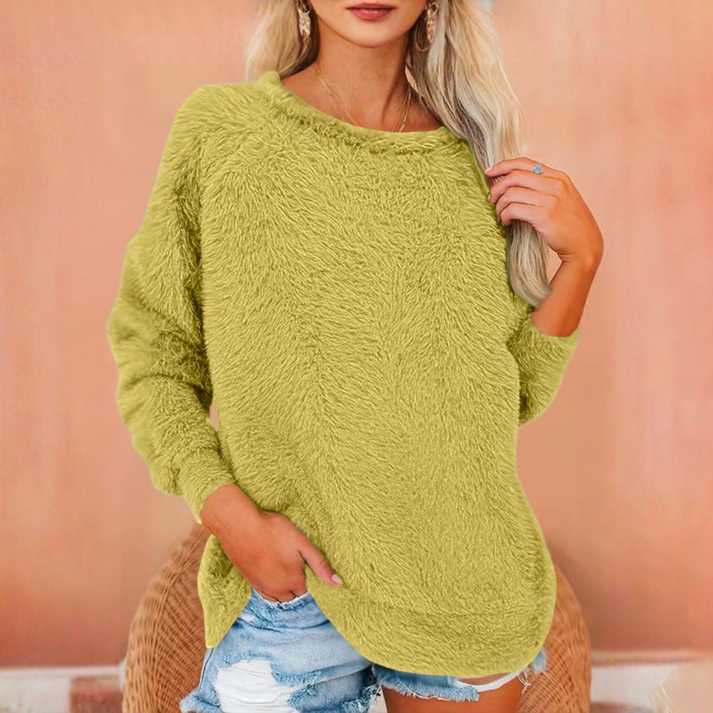 Women's Fashionable Solid Color Round Neck Long Sleeved Plush Warm Pullover Top