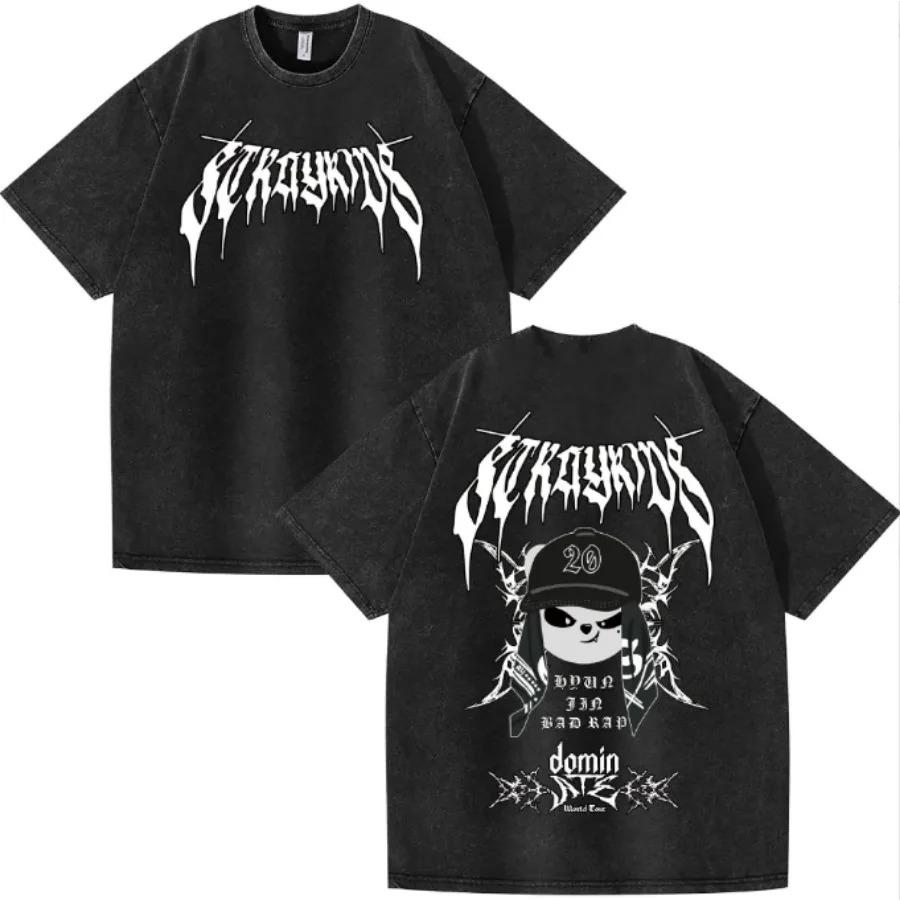 2026 KPOP DominATE Tour FELIX BANGCHAN CHANGBIN HYUNJIN HAN LEE KNOW Vintage Washed T Shirt Casual Cotton Short Sleeve Graphics Tees