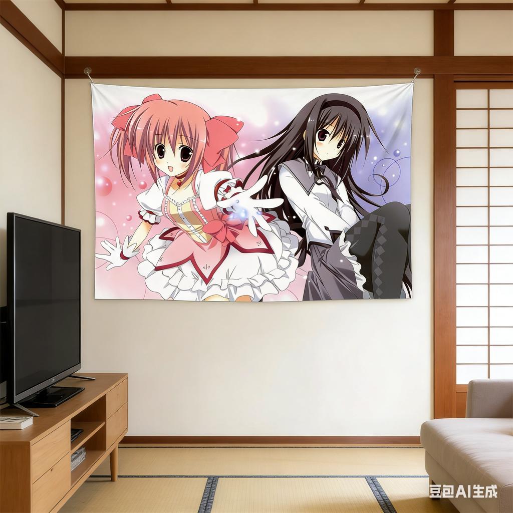 Madoka Anime Tapestry Madoka Homura Print Polyester Wall Hanging Otaku Kawaii Decor for Bedroom Dorm Room