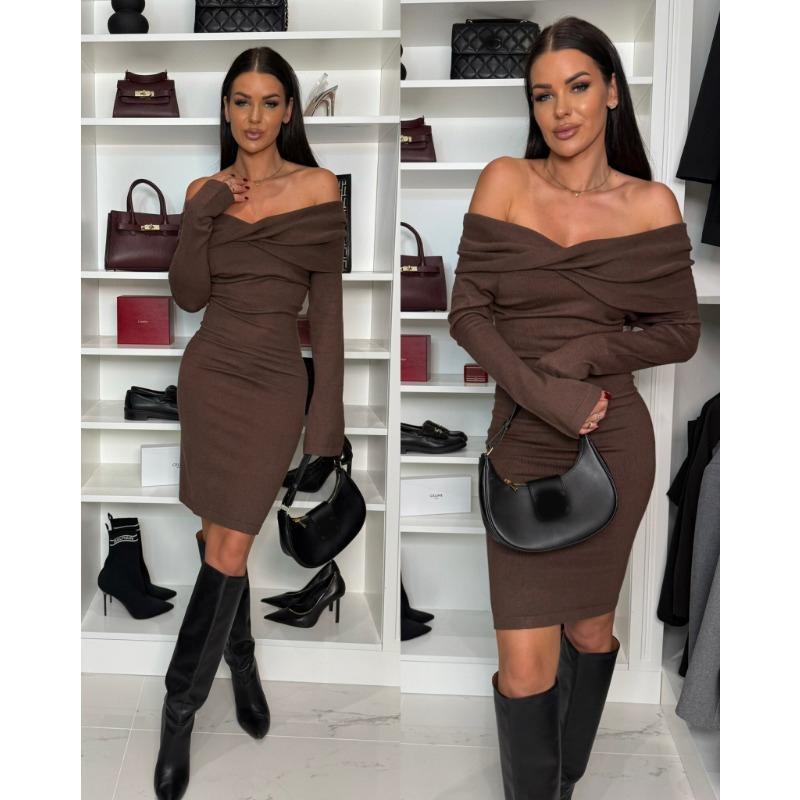 Elegant Long Sleeve Off Shoulder Women Sexy Dress Autumn Fashion Slash Neck High Waist Casual Party Dresses Women Vintage Club Pencil Dress 2371