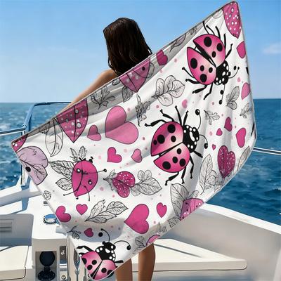 Ladybug Heart Foliage Beach Towel Ultra-fine Fiber Quick Drying Absorbent Beach Swimming Vacationvacation Essentials Gifts