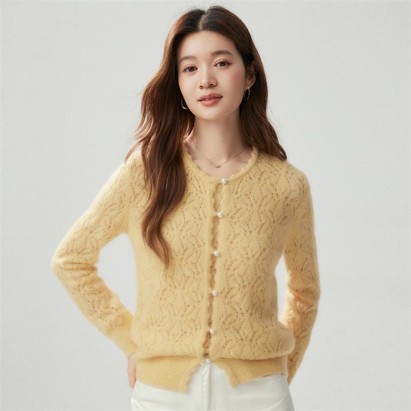 2026 Autumn Women's Cashmere Silk Round Neck Cardigan - Thin Crochet Outerwear