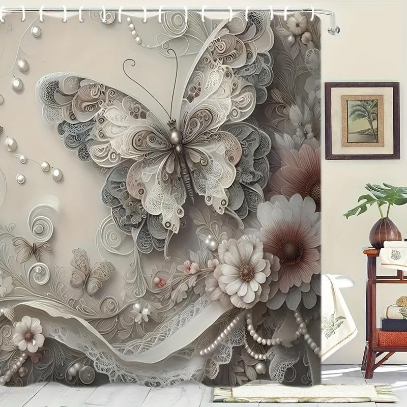 2D Lace Butterfly Shower Curtain Vintage Grey Floral Pearl Ribbon Swirl Embossed Texture Elegant Neutral Tone Waterproof Polyest