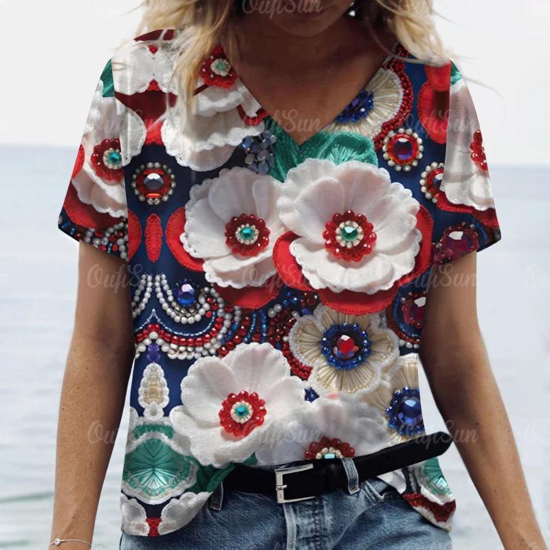 

Женская футболка, летняя футболка с 3D цветочным принтом, женская одежда больших размеров, дизайнерская рубашка большого размера с коротким рукавом, женская блузка с v-образным вырезом 5XL
