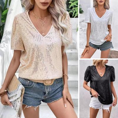 Women T-shirt V-Neck Short Sleeve Shiny Sequins Tee Shirt Loose Fit Summer Sexy Tops Holidays Parties Wear