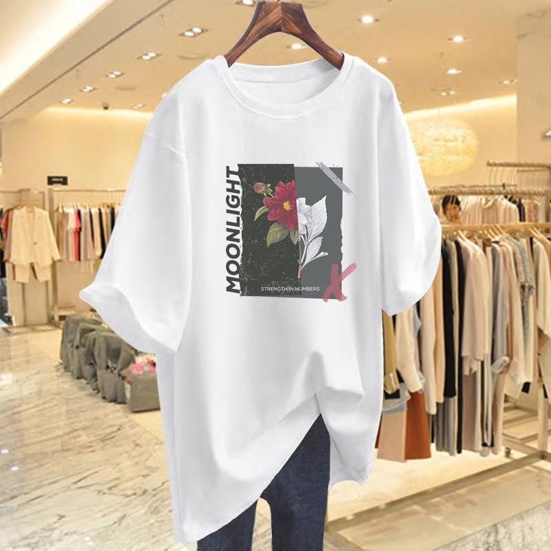 

Pure cotton 2025 summer new loose large size printing casual versatile round neck short sleeve hem split top women s tide S