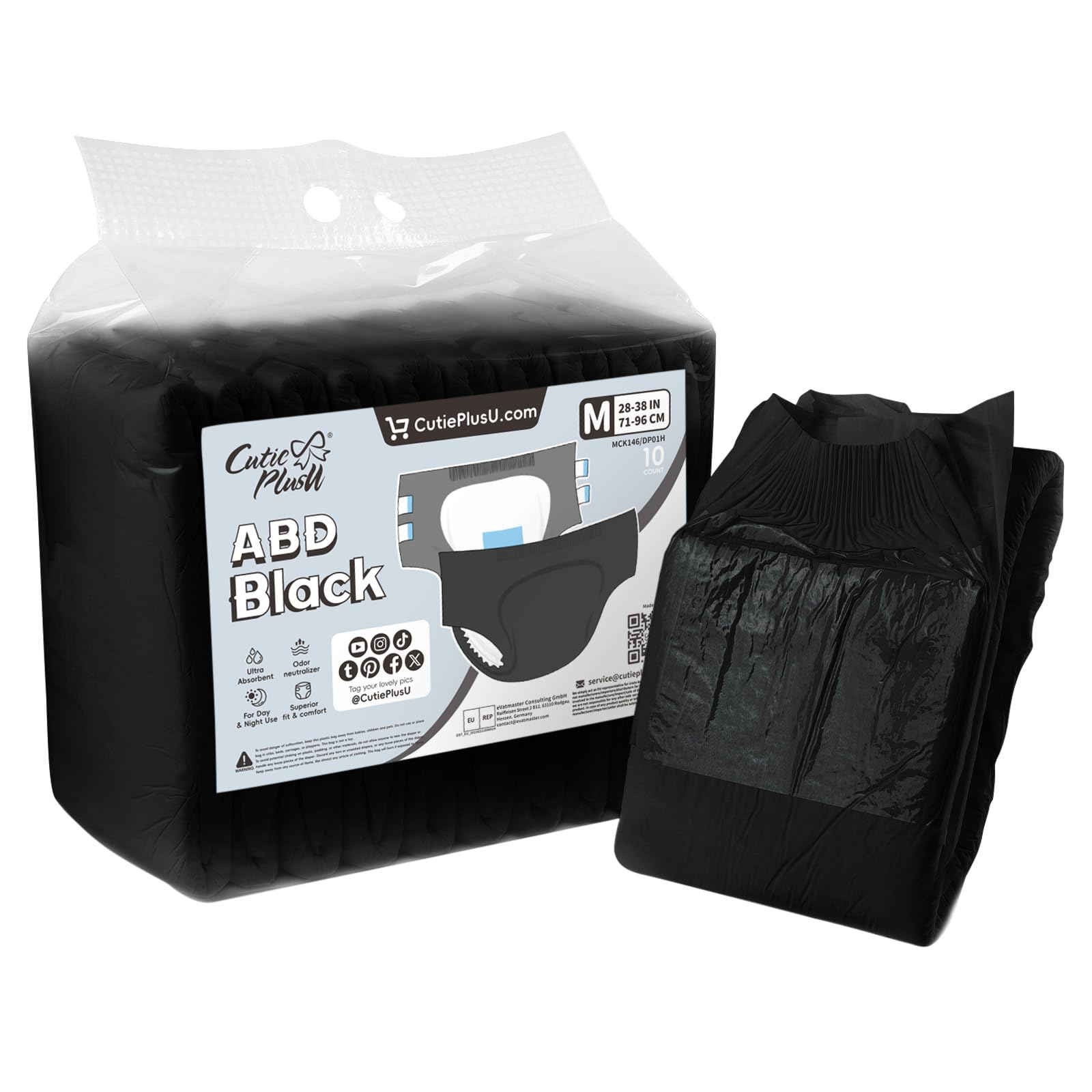 

CutiePlusU Adult Disposable Incontinence Briefs with Tabs for Women and Maximum Absorbency Overnight Black Diapers, 10-Count, Men, - (M 71-96cm) чёрный