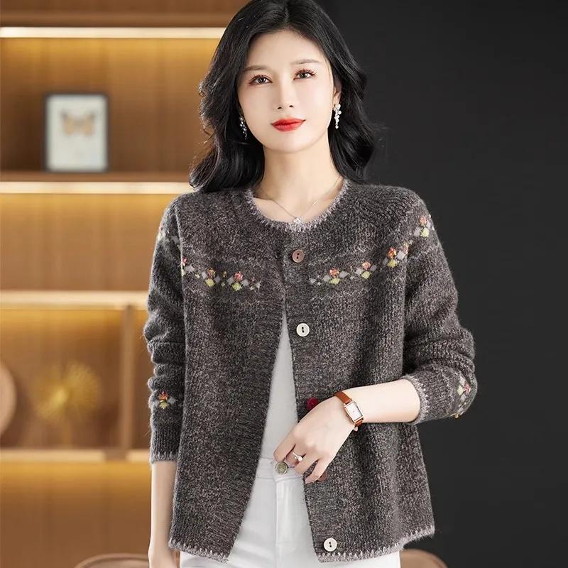 Sweater Coat Ladies Retro Jacquard Knitwear Cardigan Jacket Early Spring Autumn Western-Style Outerwear Loose Women Top