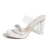Summer One-Word With High-Heeled Slippers Waterproof Table Crystal Thick Heel Medium Heel Small Size Transparent Sandals Women